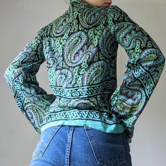 Vintage 70's Boho Collared Paisley Print Long Sleeve Blouse - Picture 4 of 4